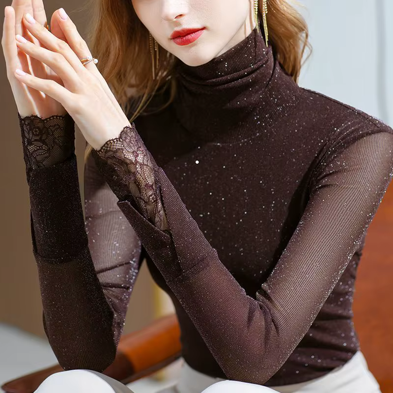 Femme T-shirt 2025 maille marron vêtements col roulé bleu