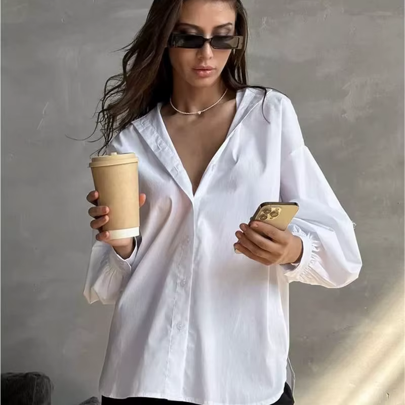 Élégant lanterne manches femmes chemise blanche 2025 nouvelle mode Streetwear surdimensionné Blouses décontracté col montant ample femmes chemises