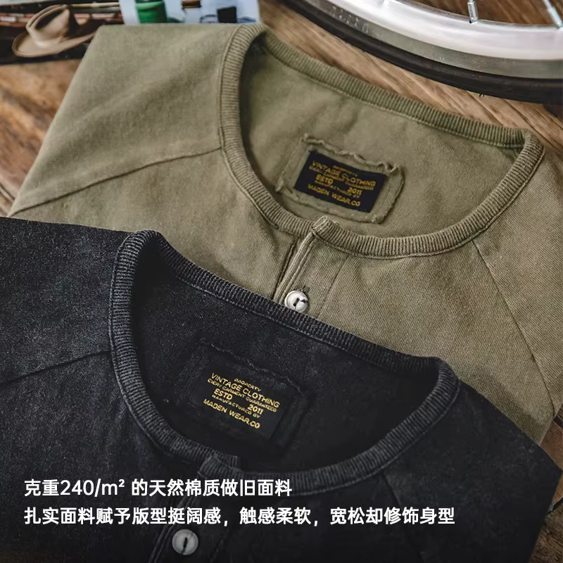 Maden – T-Shirt Henley Vintage pour hommes