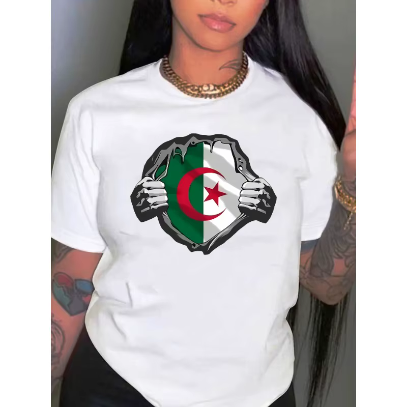 Un T-shirt à motif pour femmes inspiré de l'algérie décontracté coton col rond mode tendance Harajuku