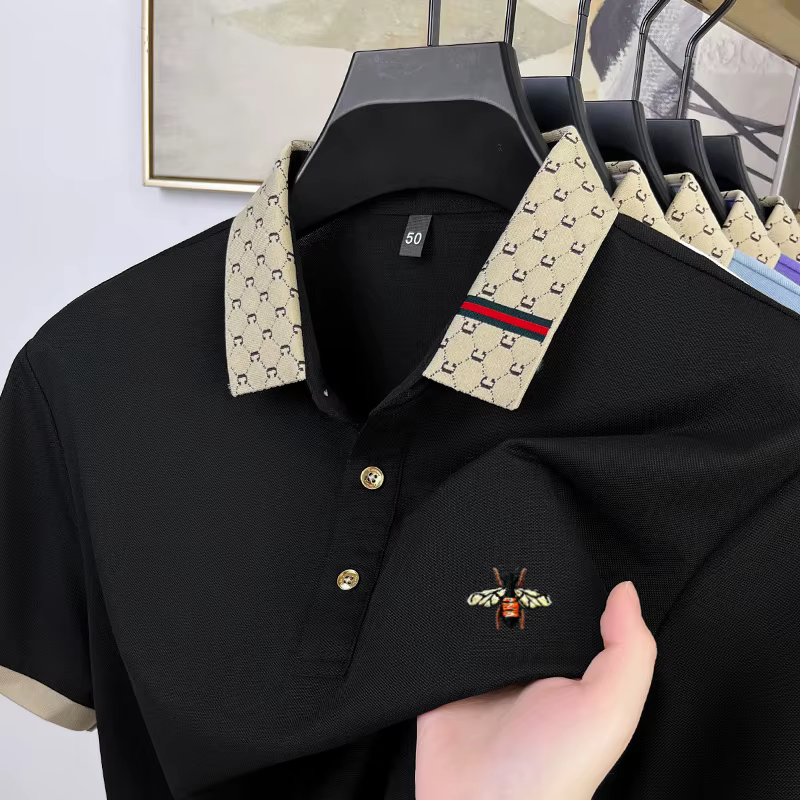 Nouvelle collection d'été, polo brodé d'abeilles exquis pour homme, haut court en soie de mûrier, confortable et respirant, très vendu