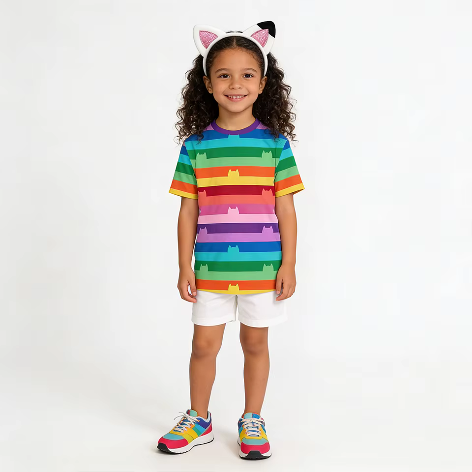 T-shirt rayé pour enfants avec imprimé chat Gabby