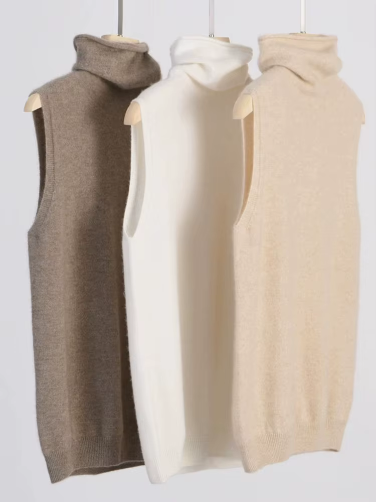 Femmes laine mérinos sans manches pulls col roulé pull gilet