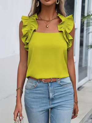 Débardeur à volants vert citron pour femme, col carré, sans manches, ourlet incurvé, tenue décontractée d'été