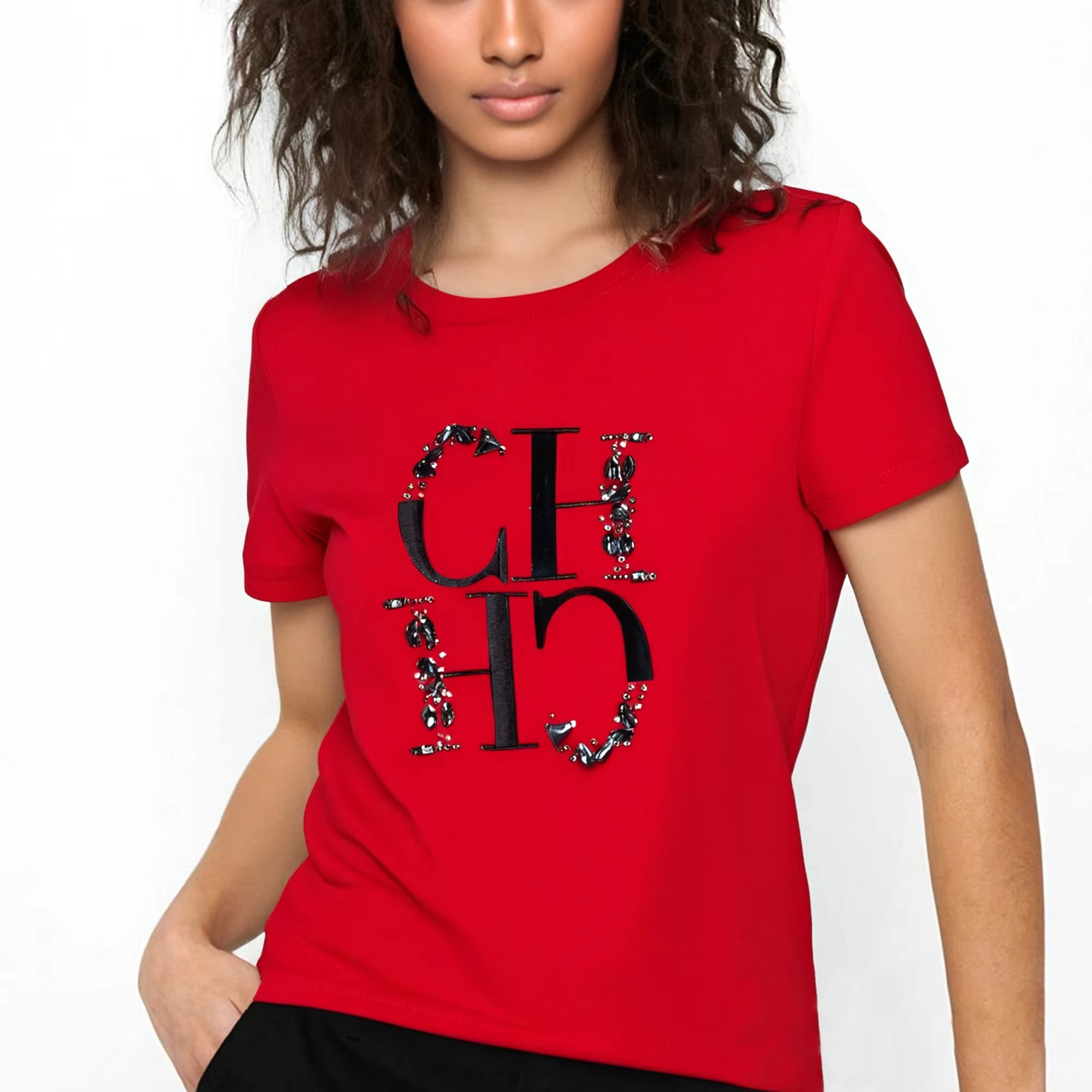T-shirt pour femme CHCH, mode, broderie à la main, haut décontracté à col rond