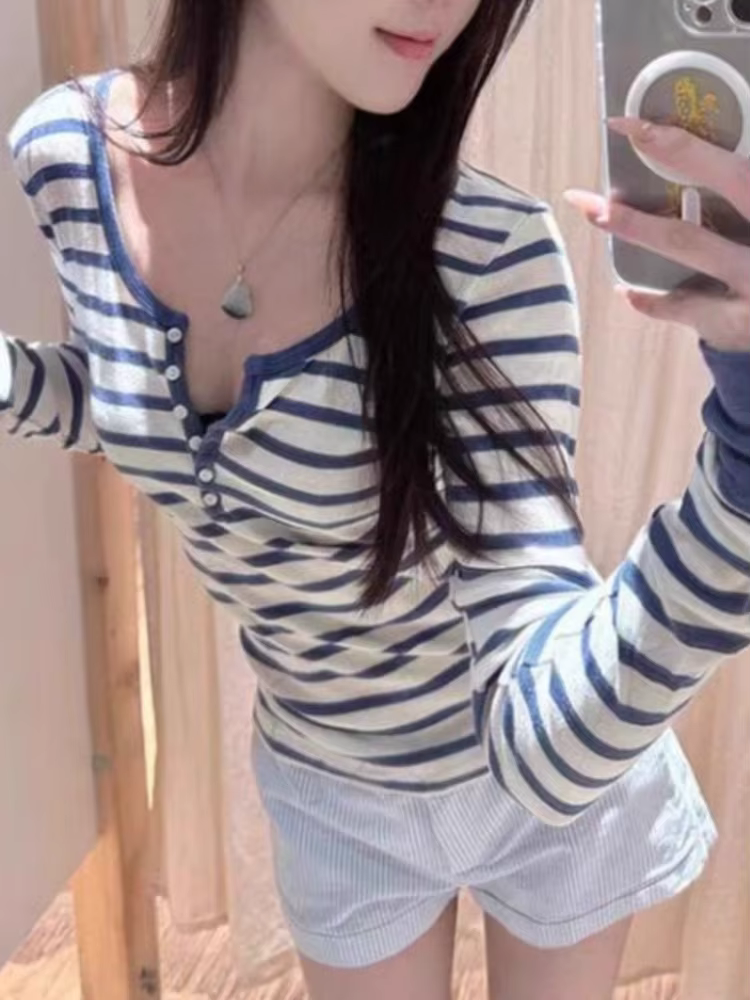 Mode bleu blanc rayé T-shirts femmes boutons col rond coton mince Patchwork à manches longues