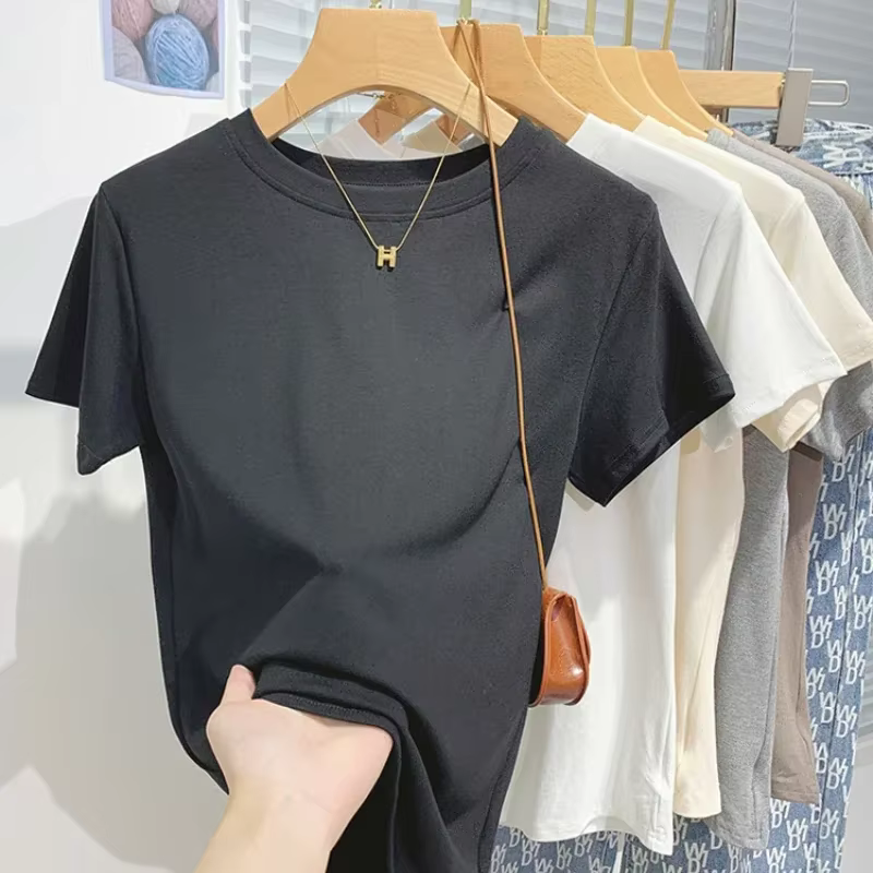 2026 nouveau femmes 100% coton T-shirt fond basique solide dame à manches courtes hauts chemises été