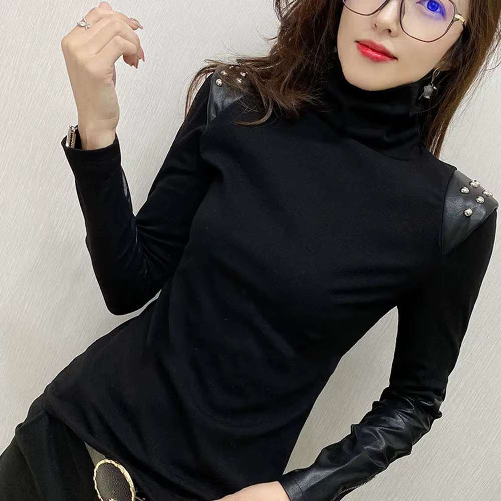 Noir dames T-shirts élégants automne hiver nouveau à manches longues demi-col haut sous-couche chemise mode polyvalent