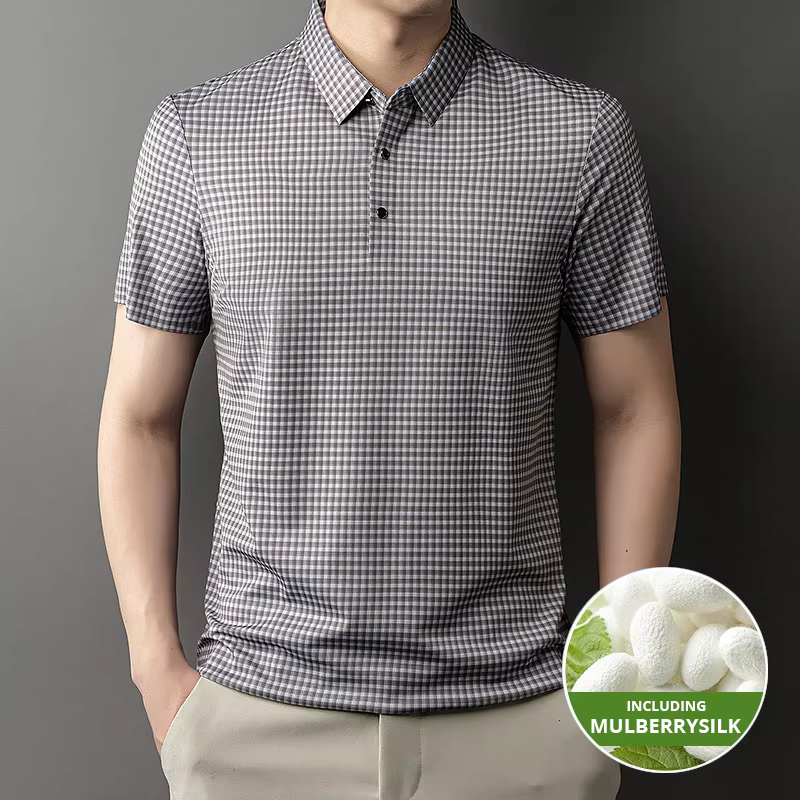 2025 Top Grade mûrier soie Anti-rides nouvelle marque d'été Polo à manches courtes décontracté hauts mode à carreaux hommes vêtements
