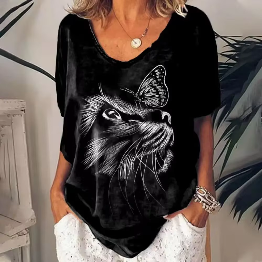 T-shirt femme dessin animé chat imprimé été à manches courtes col en v Kawaii mode