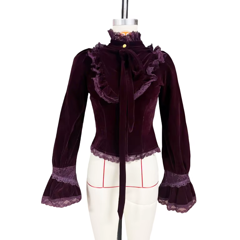 Chemisiers à manches longues en velours vintage pour femmes, hauts, dentelle, style gothique, chemisier en tricot, printemps automne, blusas, hauts pour femmes