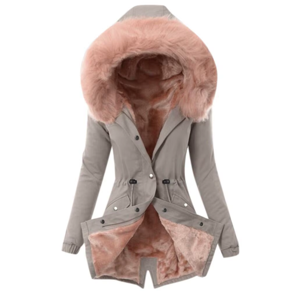 Parka à capuche pour femmes, manches longues, manteaux ajustés, boutons, solide, fermeture éclair, épissure, serré, vêtements d'extérieur, col en fourrure épais et chaud