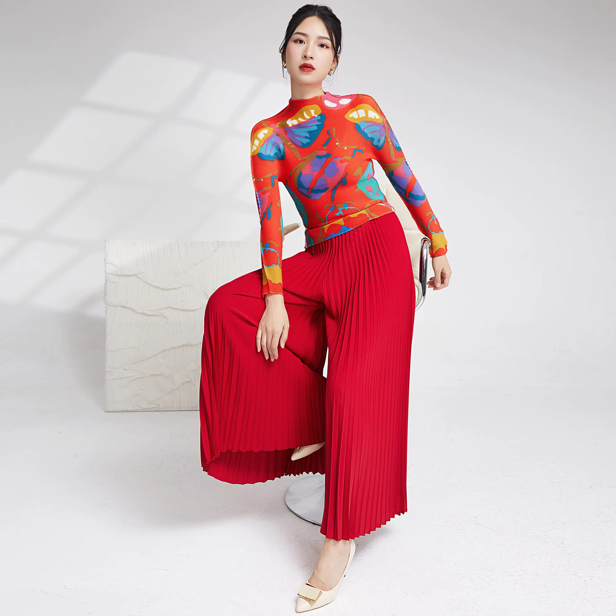 Vente chaude plissé artisanat haut femmes mode imprimé Blouse élastique à manches longues T-Shirt