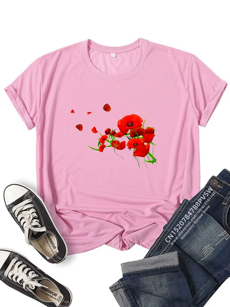 T-shirt imprimé drôle de fleurs rouges pour femmes