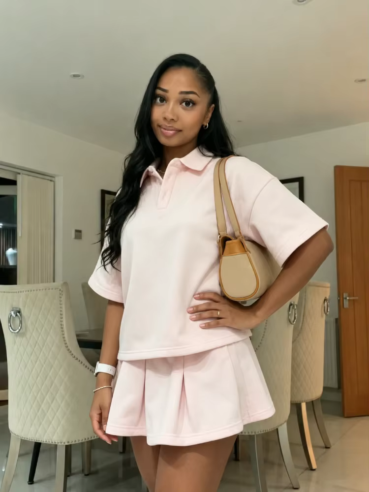 Ensemble décontracté rose à col polo pour femme : T-shirt oversize à manches courtes et jupe plissée évasée taille haute – Tenue quotidienne streetwear