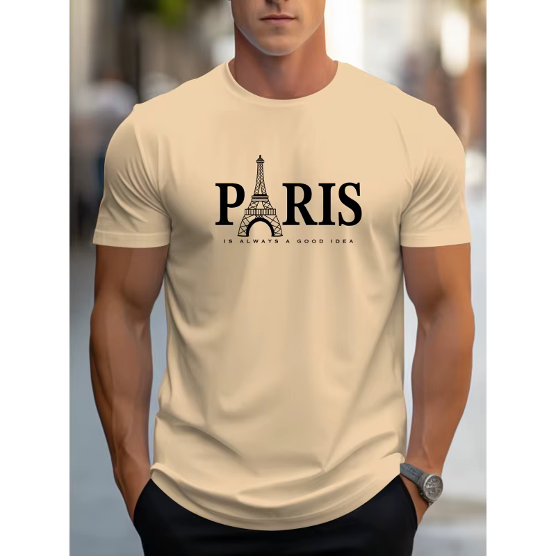 T-shirt à motif Tour Eiffel de Paris pour hommes - Col rond décontracté