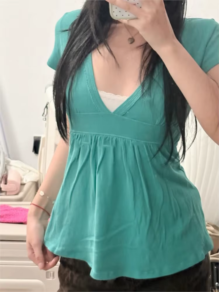 T-shirts décontractés en coton à col en V profond turquoise pour femmes
