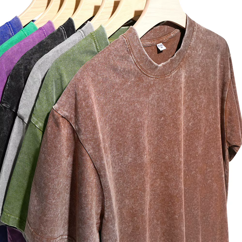 T-shirts vintage délavés pour hommes 350 g/m² – Style streetwear hip-hop rétro punk Harajuku – Hauts décontractés en coton à manches courtes effet délavé à l'acide