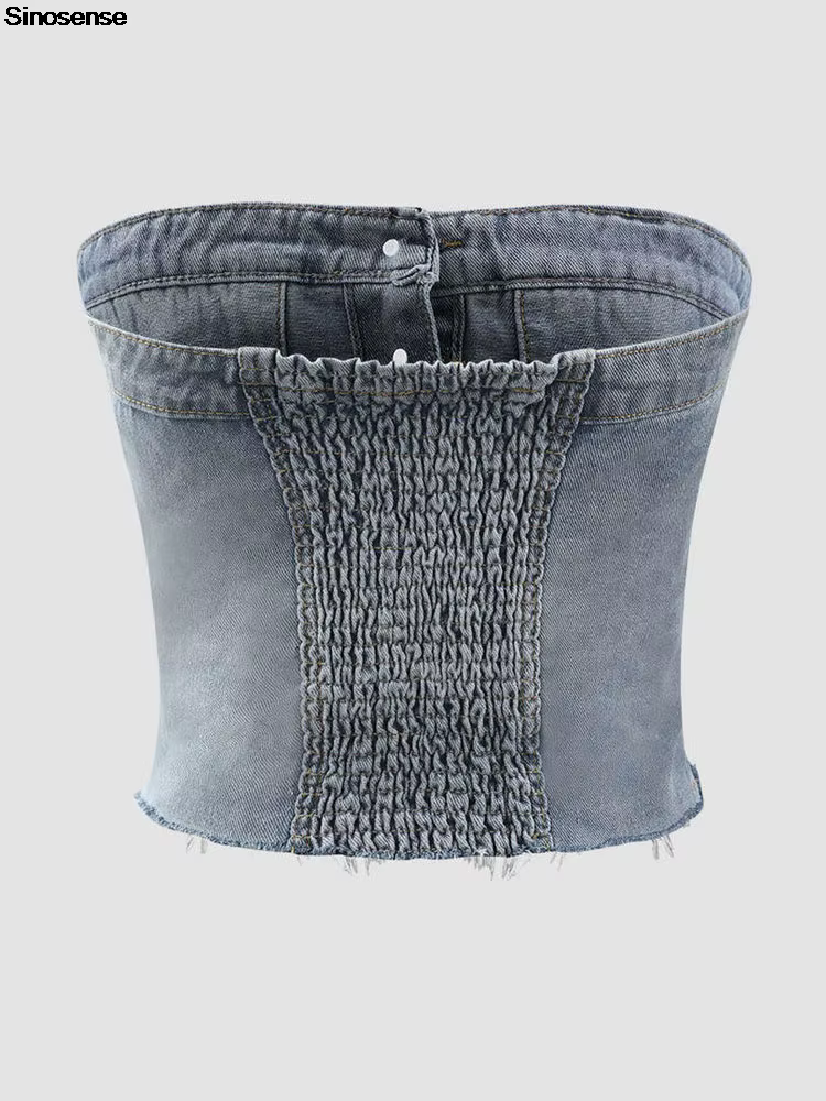 Haut court en denim sans bretelles pour femme