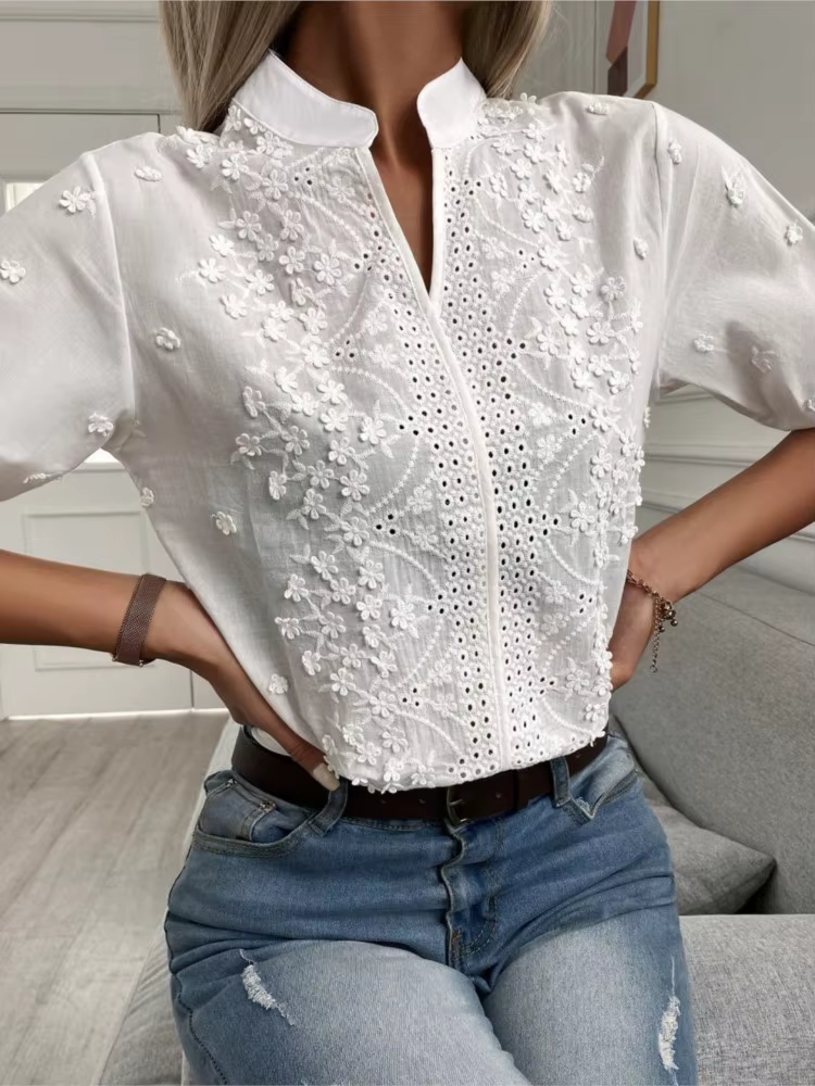 Chemisier élégant à manches courtes et col en V pour femmes, chemise en dentelle pour femmes, haut blanc, décontracté, bureau, fête, t-shirts pour femmes, nouvelle mode, été