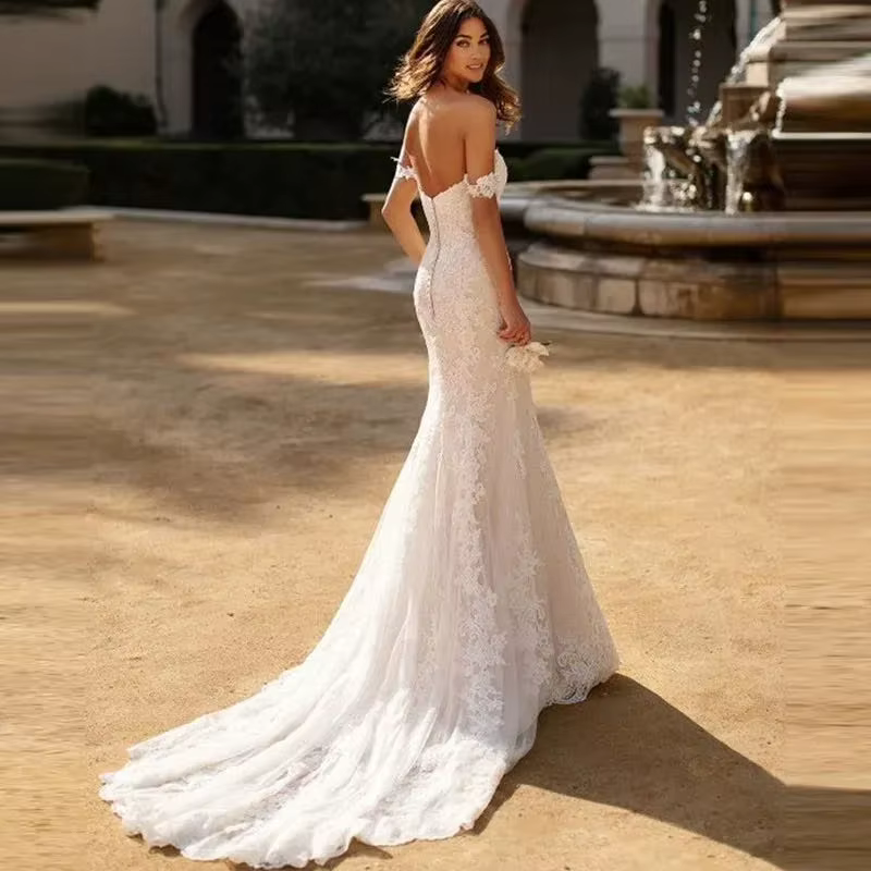 Robes de mariée élégantes pour femmes 2026, robes de mariée longues sirène, épaules dénudées, dos nu en tulle, dentelle, Vestidos De Novia