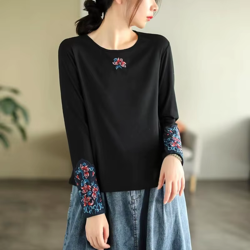 Femmes ethnique broderie à manches longues t-shirt 100% coton coupe ajustée col rond haut automne mode chemise décontractée pour vêtements de base en plein air