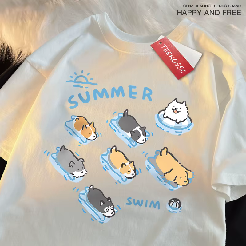 T-shirt de style japonais amusant pour la natation, chat et chien, t-shirts d'été décontractés pour femmes, t-shirt en coton respirant à la mode