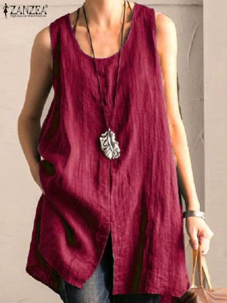 Vintage solide débardeurs hauts ample plage Blusas coton Camis tunique ZANZEA femmes sans manches Blouse été Chemise