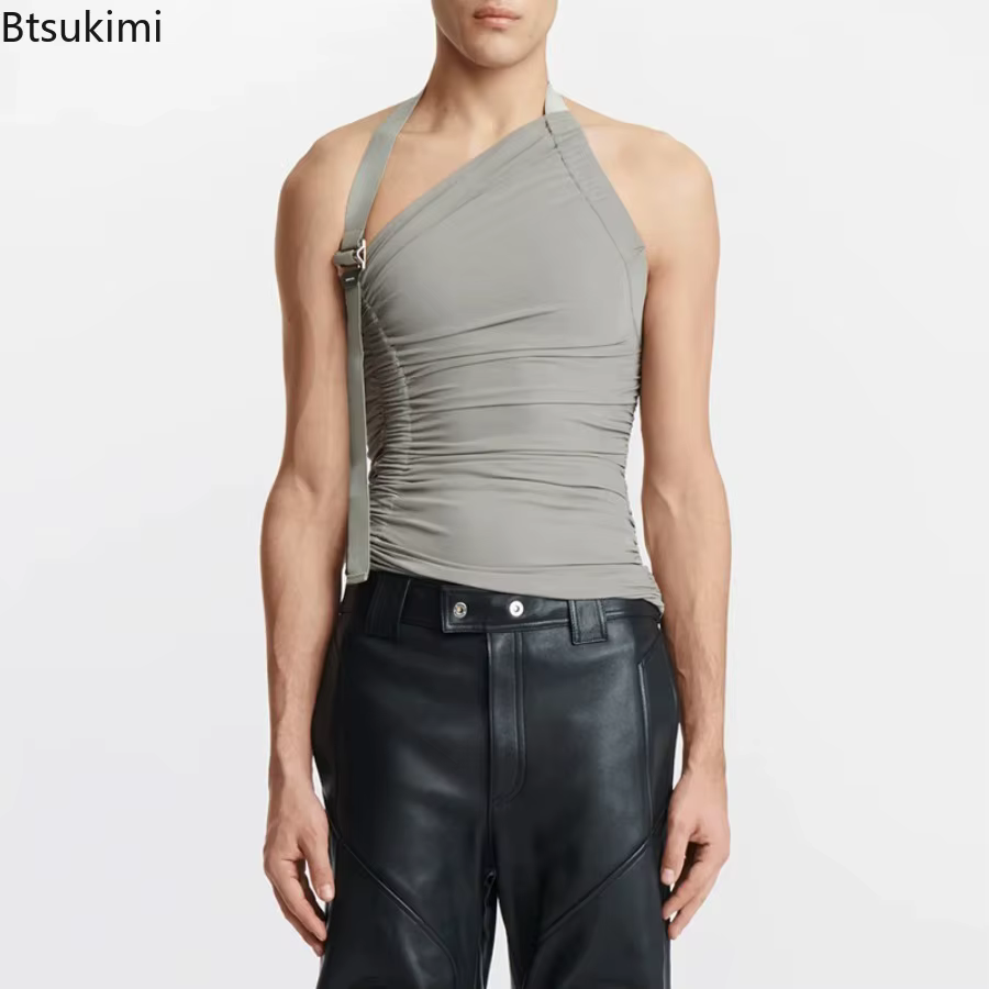 Nouveaux hommes personnalisés gilet hauts sangle épaule creux tricoté débardeurs élastique mince Fit