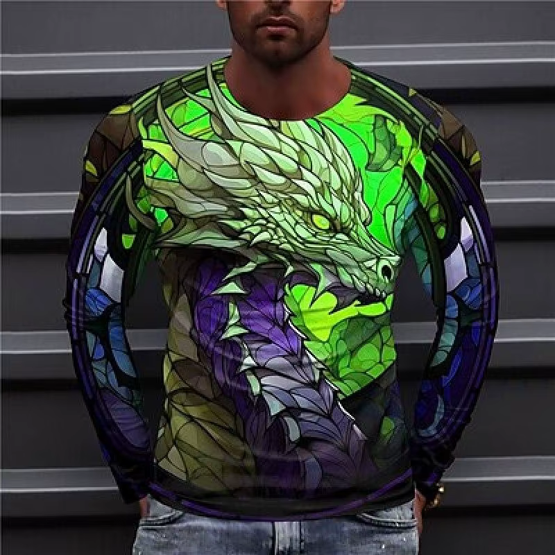 T-shirt Dragon coloré à manches longues et col rond pour hommes