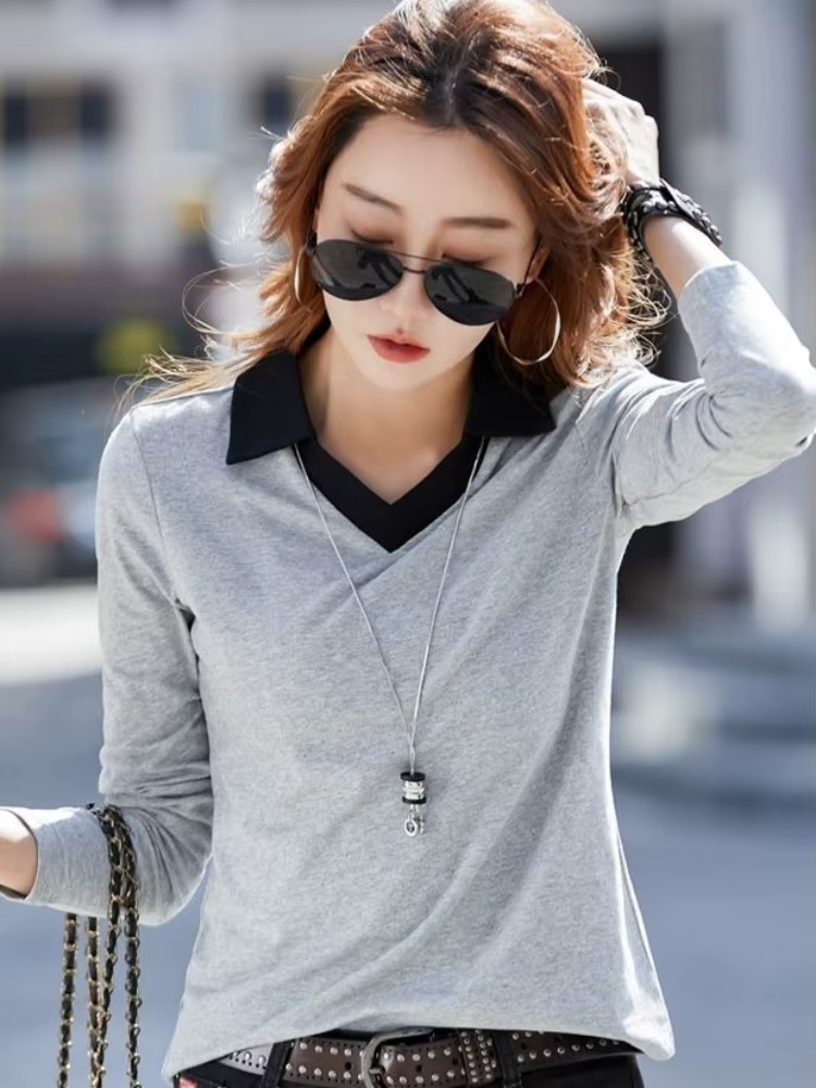 Polo à manches longues en coton pour femmes, coupe ample, chemisier décontracté, col de couleur contrastée, mode automne, haut pour un usage quotidien, nouvelle collection 2026
