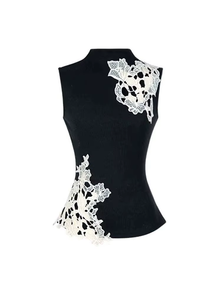 Nouveau débardeur noir en dentelle patchwork sans manches pour femme