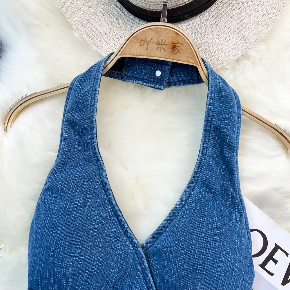 Précieux haut en jean pour femmes, épaules dénudées, dos nu, streetwear, été, col en v, mode, livraison directe