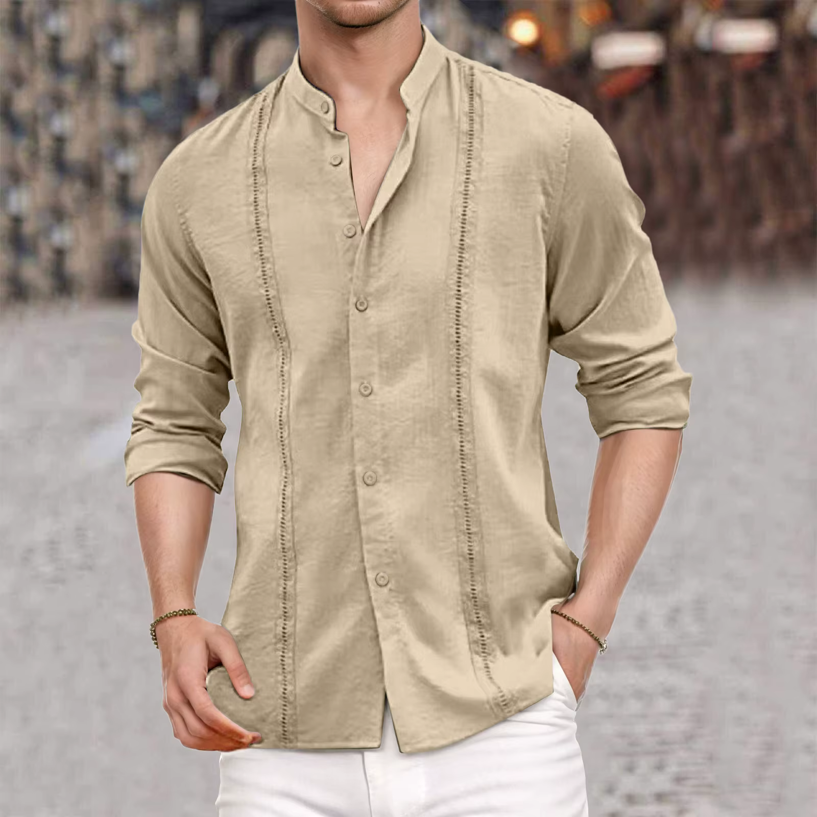 Chemises cubaines vintage pour hommes, mode printemps-automne, chemise guayabera unie à manches longues, chemise en coton et lin avec boutons brodés