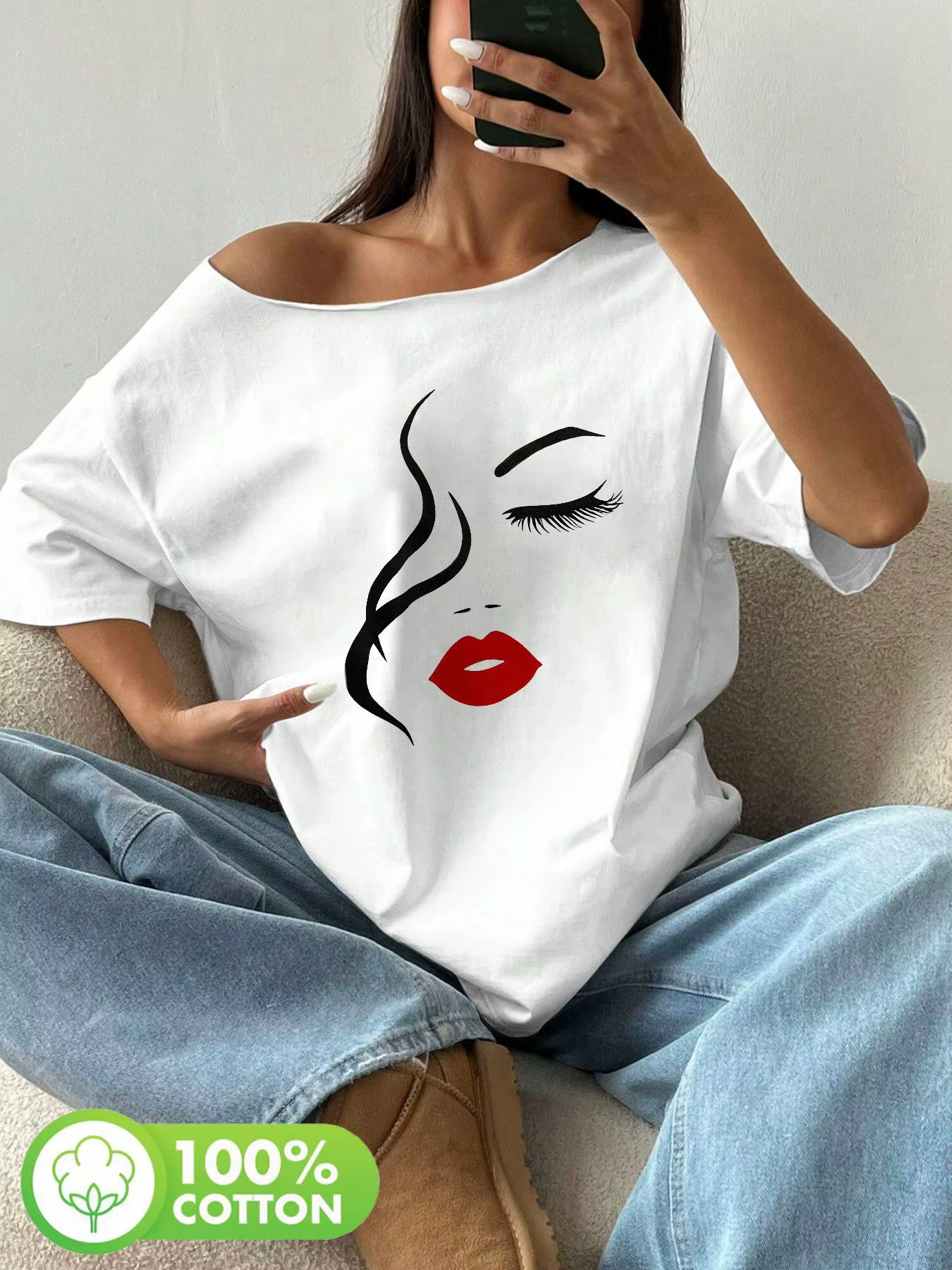 Plus Size Women's Abstract Art Face Print T-Shirt