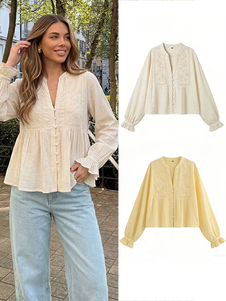Chemisier beige vintage brodé pour femme HH