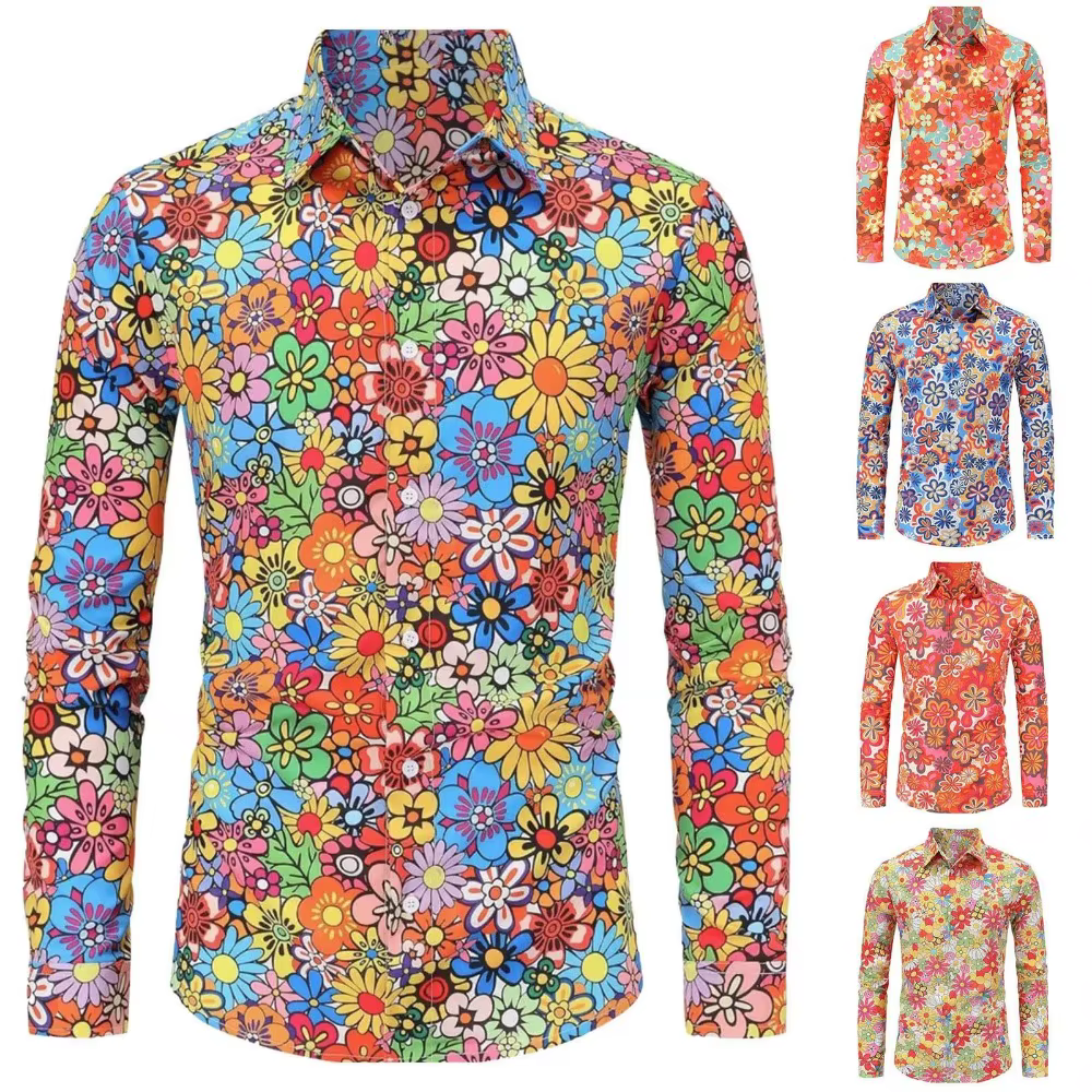 Chemises à manches longues pour hommes Hippie années 70 Disco Hip Hop bouton fleur rétro chemise