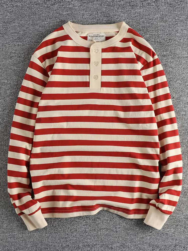 Automne américain rétro 230g poids lourd col Henry rayé T-shirt hommes mode 100% coton lavé décontracté ample résistant gars hauts