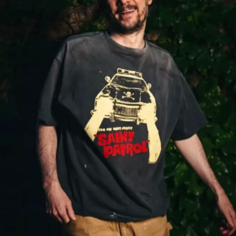 SAINT PATOROL T-shirt vintage à col rond surdimensionné avec logo crânes imprimé voiture