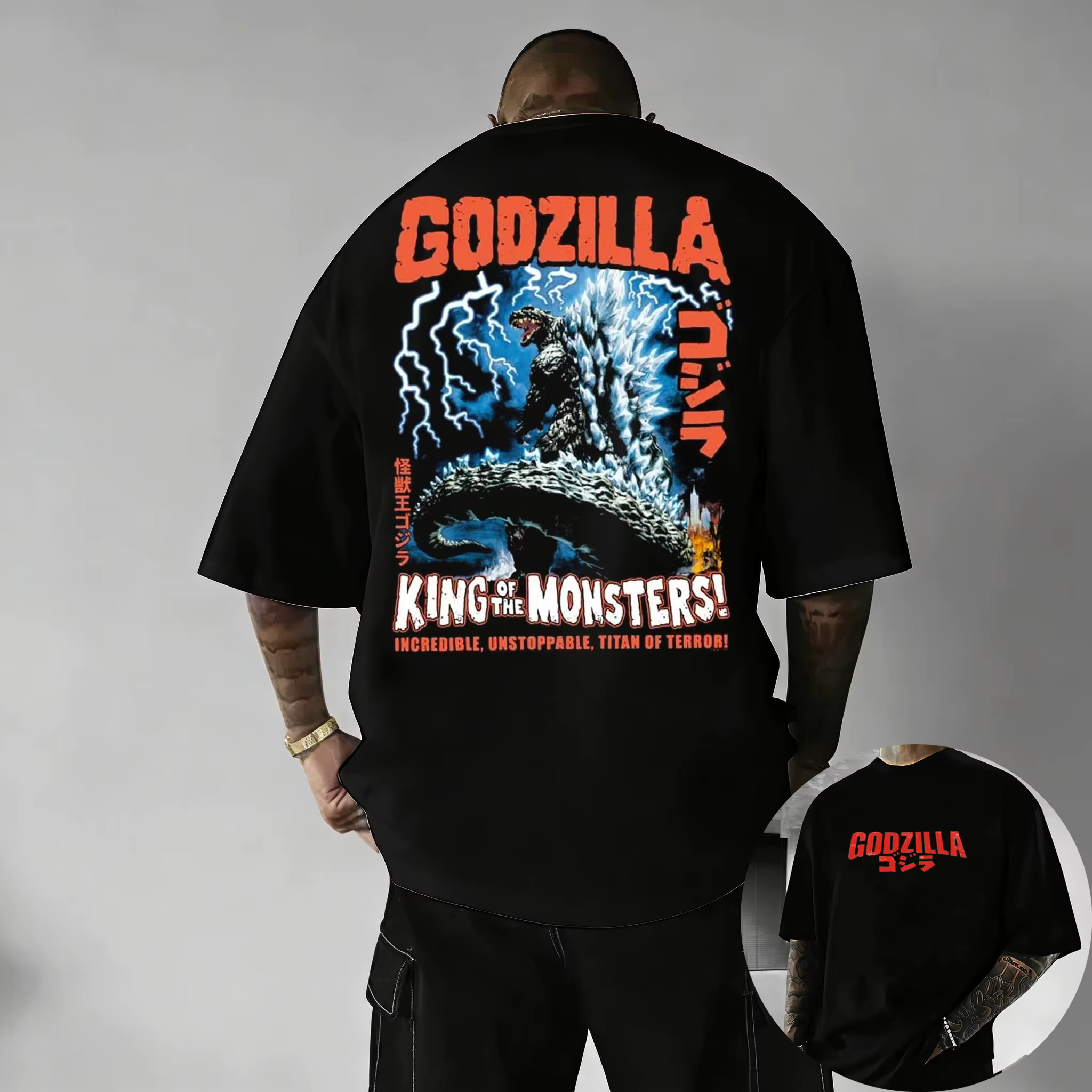 T-Shirt à manches courtes en coton imprimé Godzilla Vintage