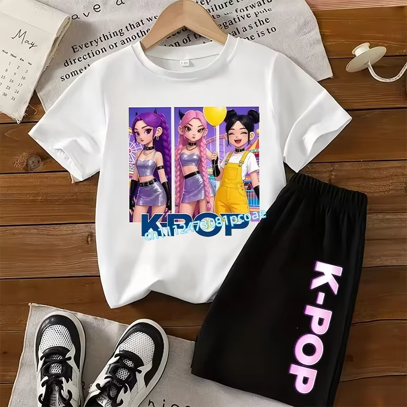 Ensemble en coton à manches courtes pour enfants K-POP - T-shirt de sport pour filles avec imprimé de dessin animé, haut décontracté, t-shirt d'été, ensemble 2 pièces