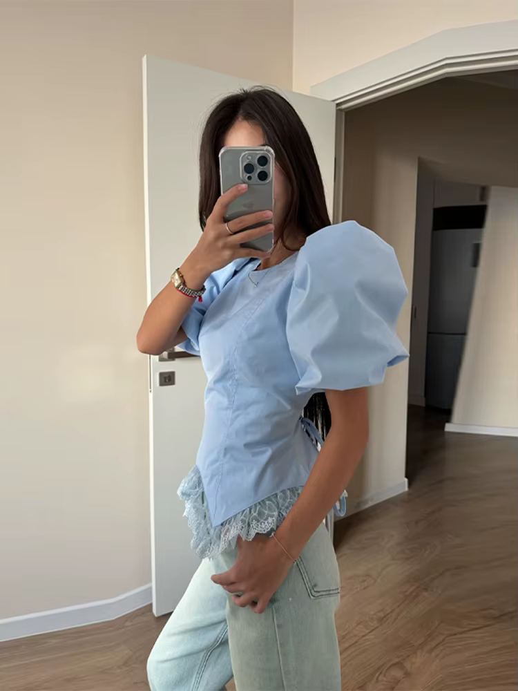 Chemisier Polo Femme à Manches Courtes Bouffantes