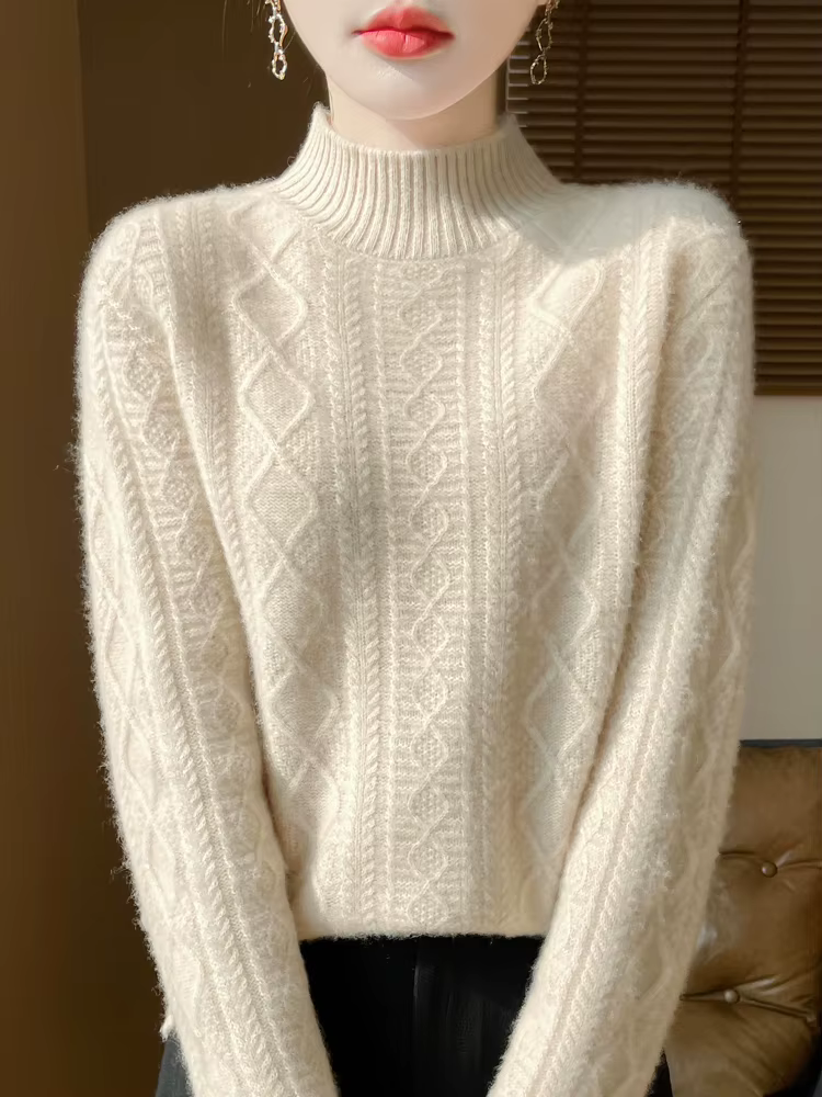 100% laine mérinos pull femmes automne hiver pulls col montant cachemire tricots doux chaud confort femme basique bas chemise
