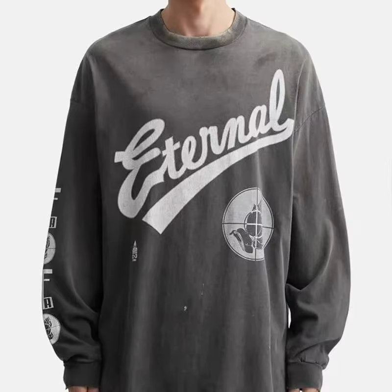 Nouveau Streetwear SAINT à manches longues t-shirt hommes femme lavé faire vieux endommagé mode col rond haut