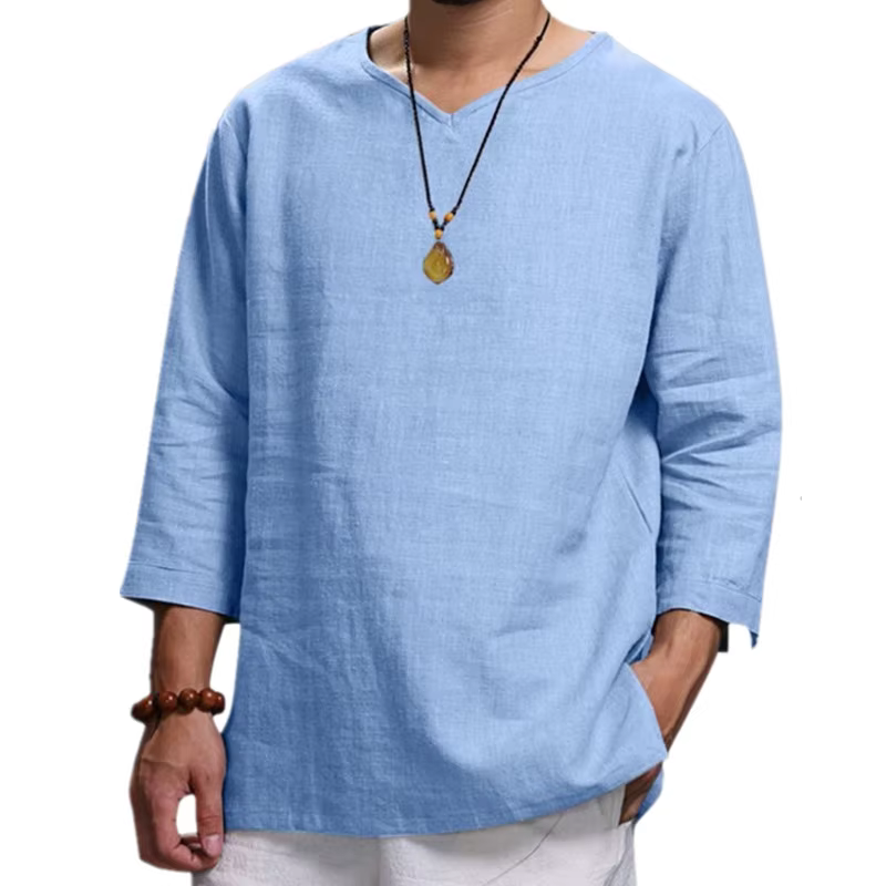 Hommes col en V coton lin t-shirts mâle respirant couleur unie trois quarts décontracté ample pull