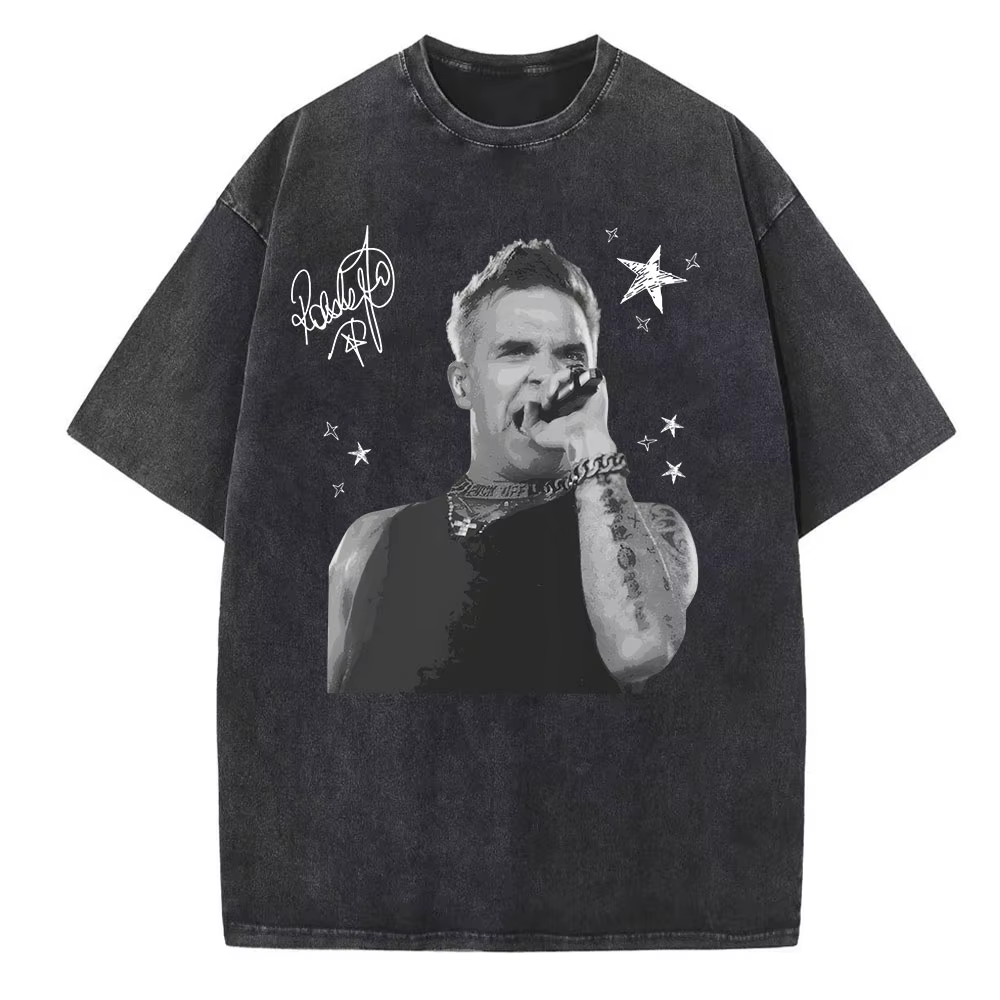 Robbie-Williams Tour 2025 T-shirt délavé Vintage col rond homme femme haut cadeau