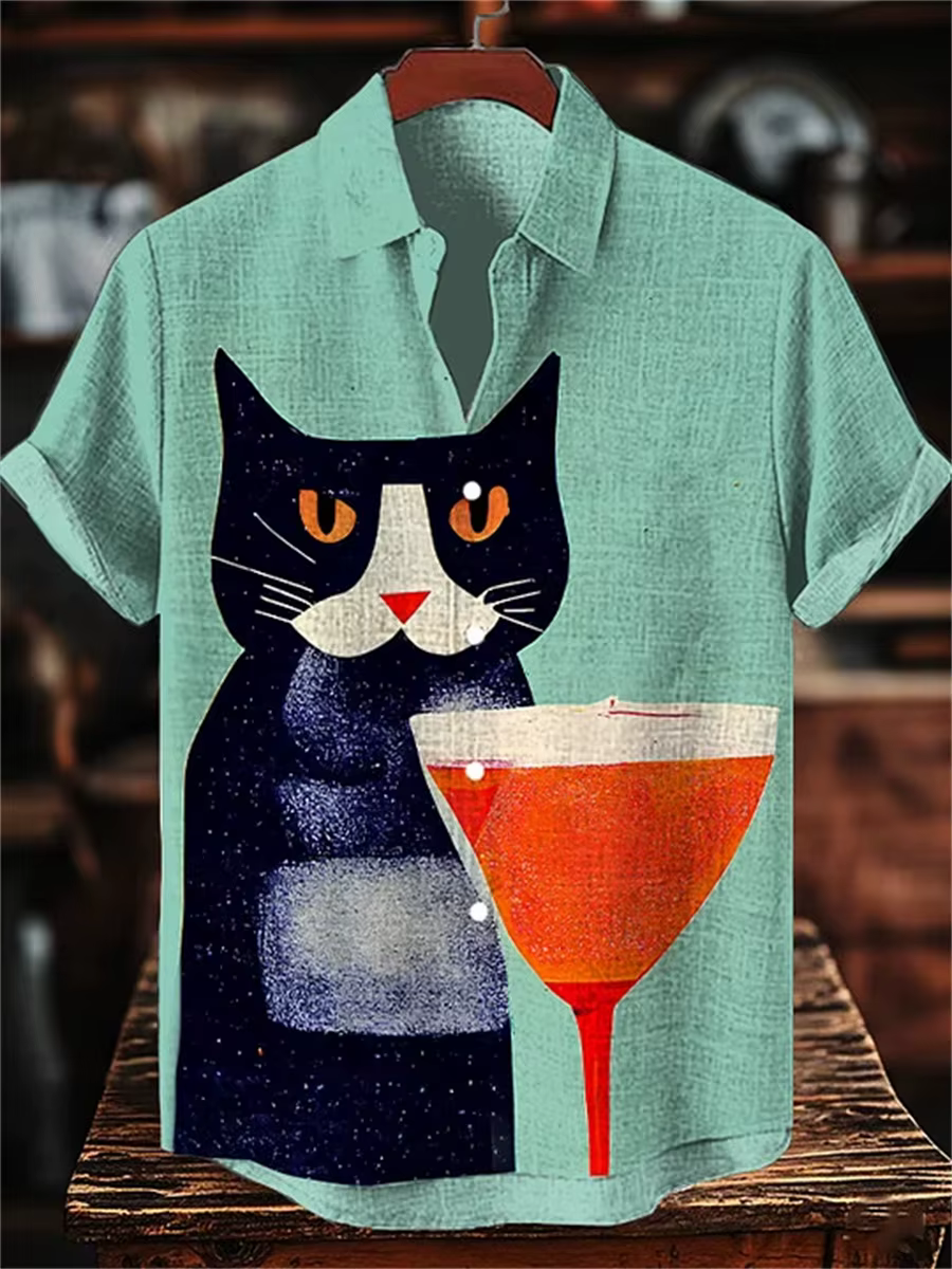 Chemise à manches courtes imprimée sur le thème du chat pour hommes