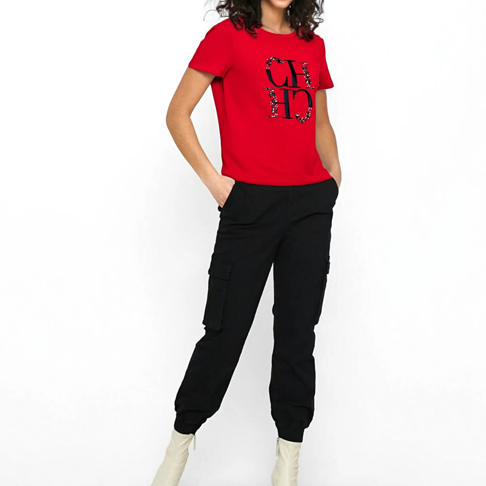 T-shirt pour femme CHCH, mode, broderie à la main, haut décontracté à col rond