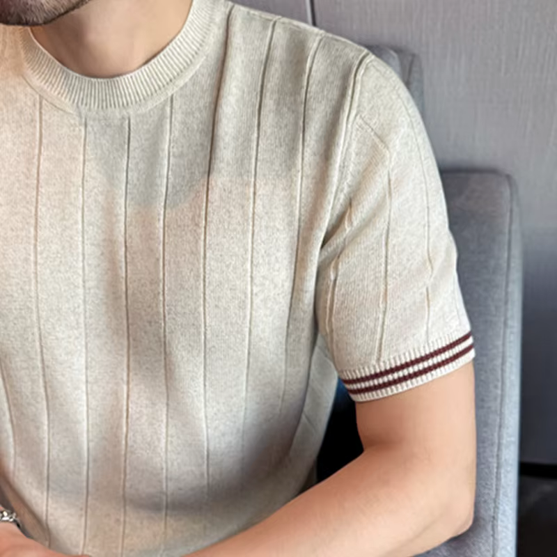 Chemise en lin naturel à manches courtes pour homme - Haut côtelé respirant et frais à col ras du cou avec texture lisse et maintien de la forme