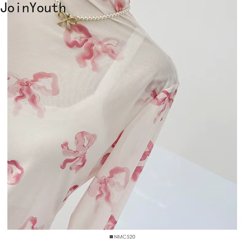 Gaze femme t-shirts nœud imprimé à manches longues